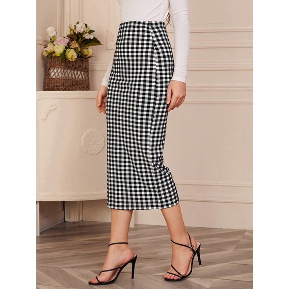 Gingham plaid Pencil midi Skirt black white - Picture 3 of 5